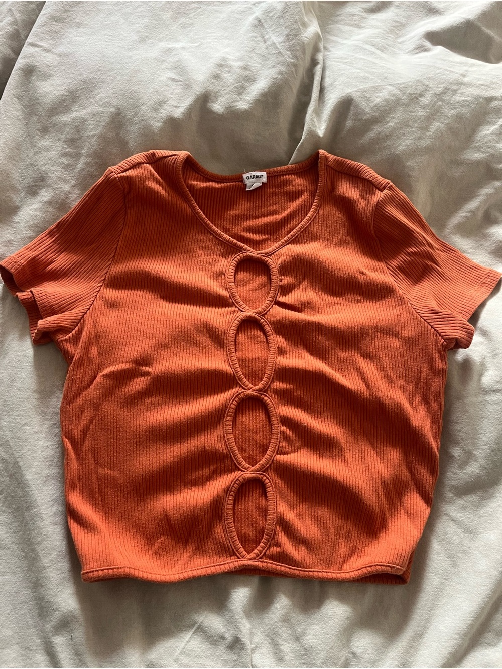 Garage Orange Ribbed Short-Sleeve Crop Top with Center Oval Cutouts